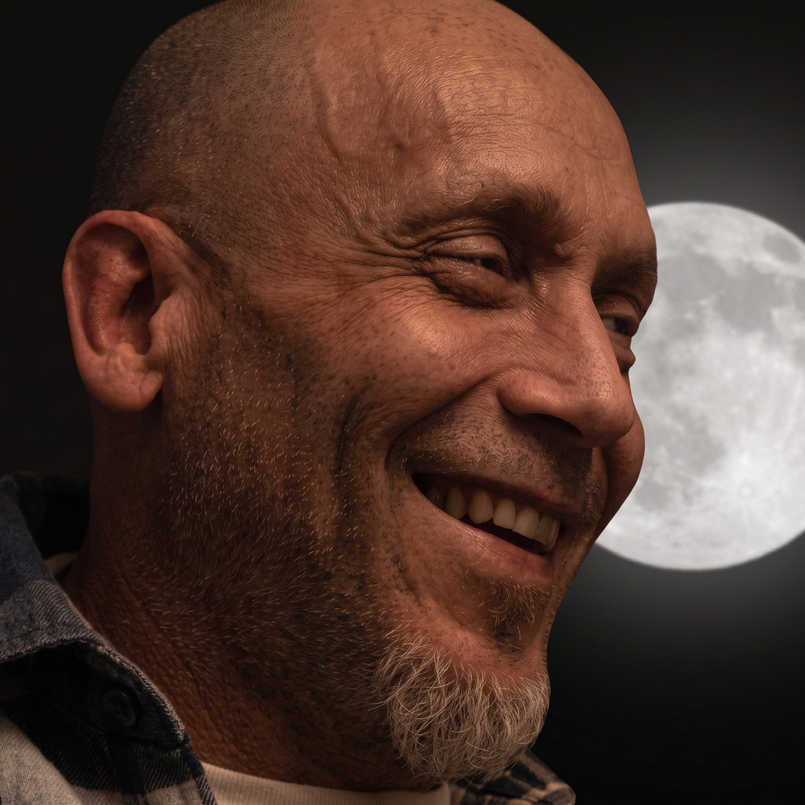 Luis de Santiago Pinto smiling, with the moon behind him